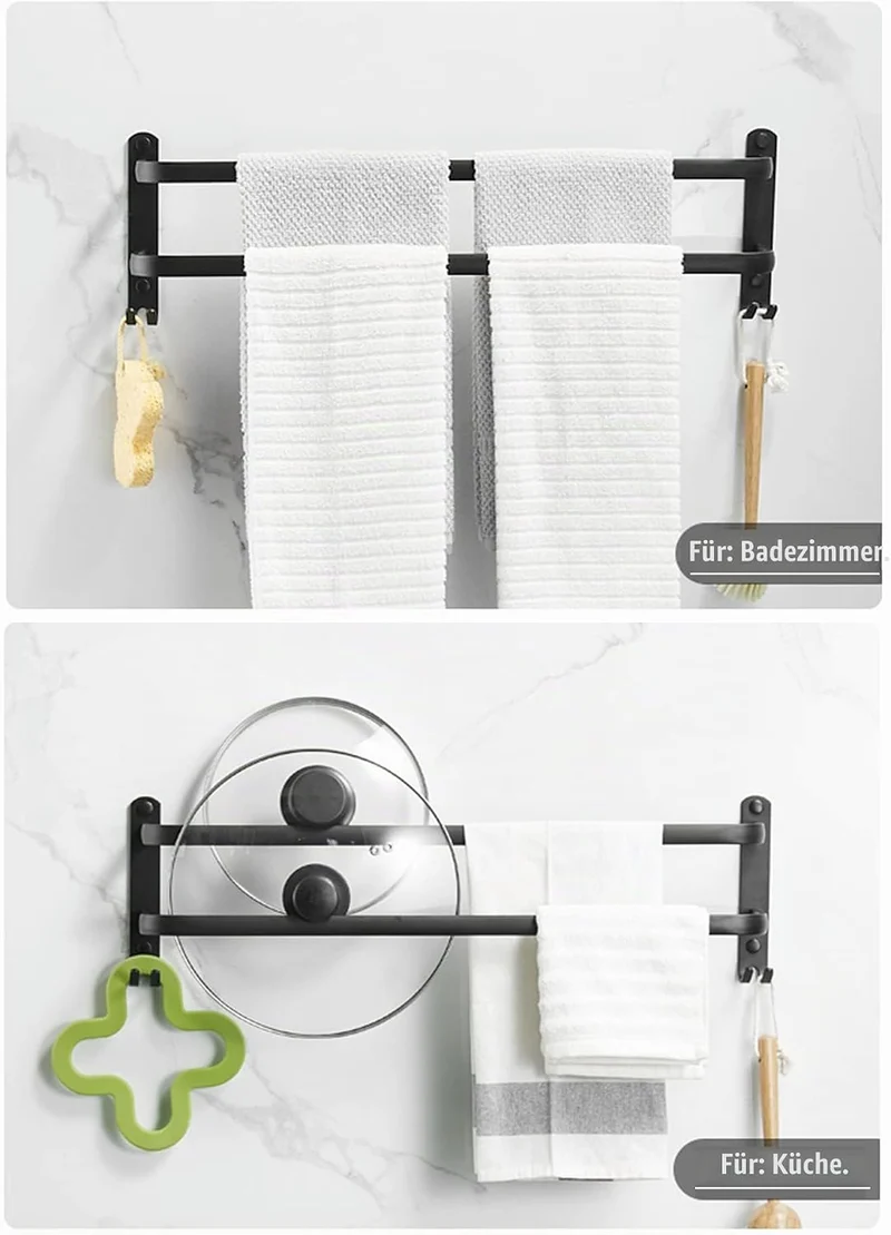 Badezimmer Handtuchhalter, Handtuchregal Schwarz Matt Handtuchstange mit Handtuchhaltern und Haken-D