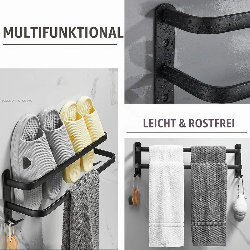 Badezimmer Handtuchhalter, Handtuchregal Schwarz Matt Handtuchstange mit Handtuchhaltern und Haken-D