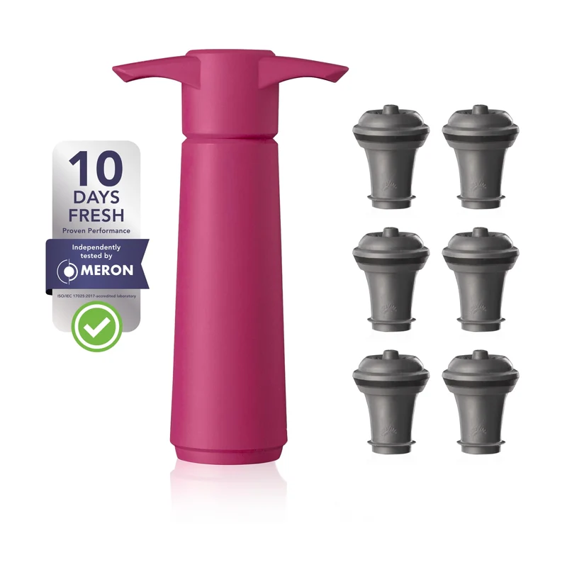 Vacu Vin Schwarze Pumpe mit Weinflaschenverschluss, hält Wein bis zu 10 Tage frisch, Rosa mit 6 Stop