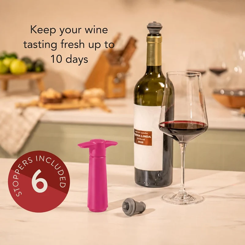 Vacu Vin Schwarze Pumpe mit Weinflaschenverschluss, hält Wein bis zu 10 Tage frisch, Rosa mit 6 Stop