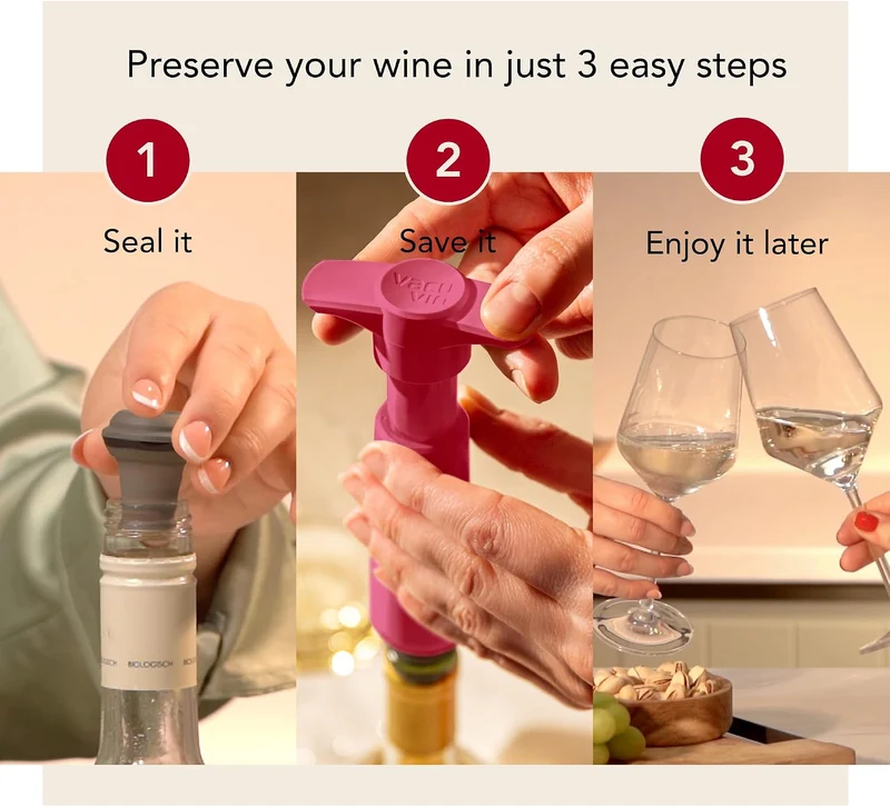 Vacu Vin Schwarze Pumpe mit Weinflaschenverschluss, hält Wein bis zu 10 Tage frisch, Rosa mit 6 Stop