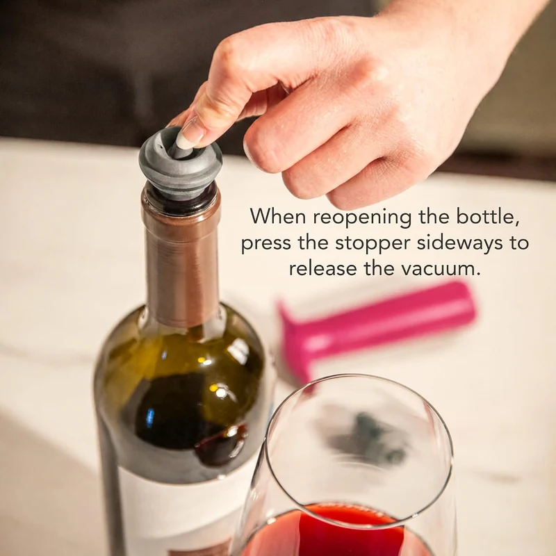Vacu Vin Schwarze Pumpe mit Weinflaschenverschluss, hält Wein bis zu 10 Tage frisch, Rosa mit 6 Stop