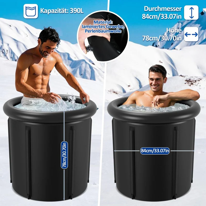 Eisbad Tonne 390L, faltbare Badewanne mit Deckel | 390L Eisbad Tonne mit 5 Isolierschichten, Deckel,