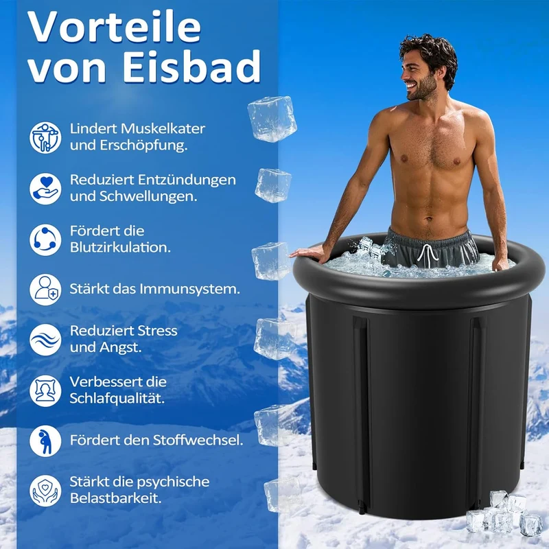 Eisbad Tonne 390L, faltbare Badewanne mit Deckel | 390L Eisbad Tonne mit 5 Isolierschichten, Deckel,