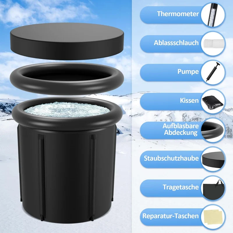 Eisbad Tonne 390L, faltbare Badewanne mit Deckel | 390L Eisbad Tonne mit 5 Isolierschichten, Deckel,