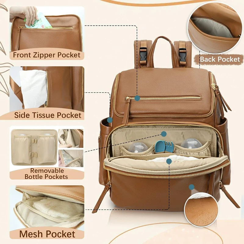 Omanmoli Wickeltasche, Rucksack, Baby-Wickeltasche, Leder, mit 17 Wickeltaschen Kunstleder-congac, K