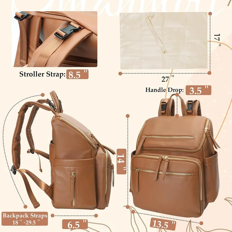 Omanmoli Wickeltasche, Rucksack, Baby-Wickeltasche, Leder, mit 17 Wickeltaschen Kunstleder-congac, K