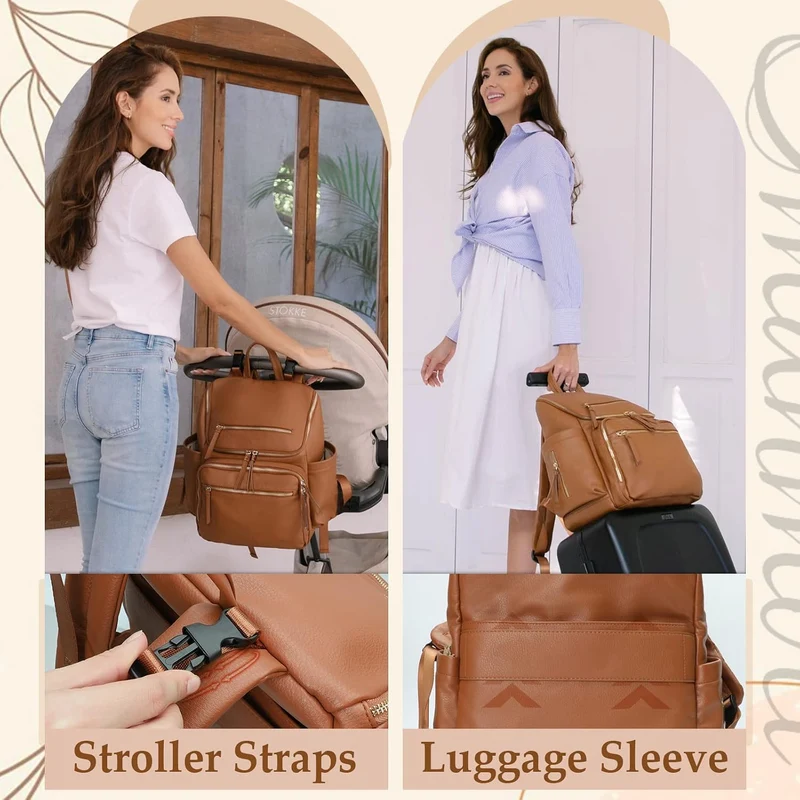 Omanmoli Wickeltasche, Rucksack, Baby-Wickeltasche, Leder, mit 17 Wickeltaschen Kunstleder-congac, K
