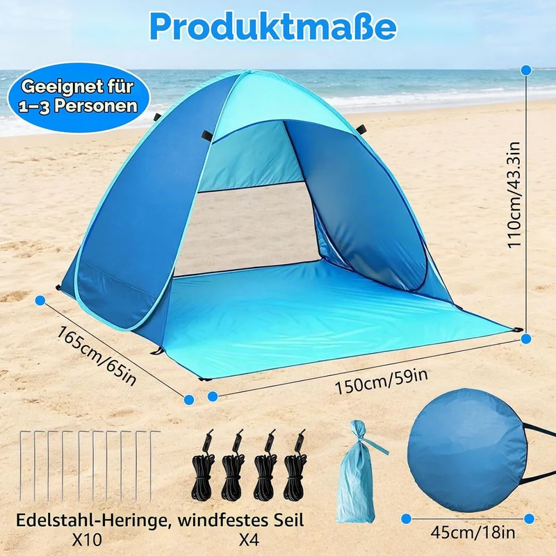 Pop Up Strandmuschel, UPF 50+, Windschutz Strand, Strandzelt für 1-3 Personen, inkl. Tragetasche und