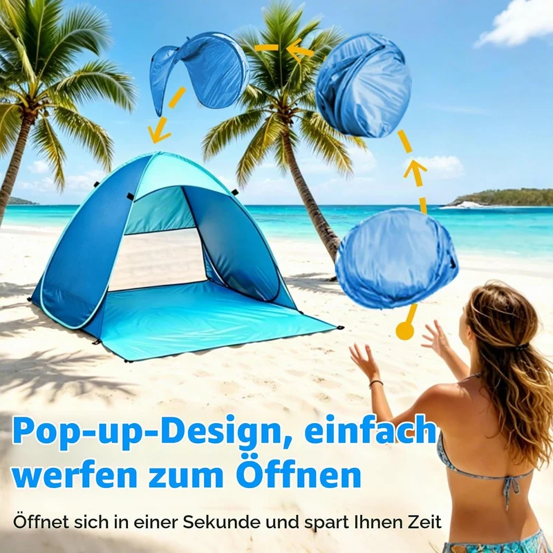 Pop Up Strandmuschel, UPF 50+, Windschutz Strand, Strandzelt für 1-3 Personen, inkl. Tragetasche und
