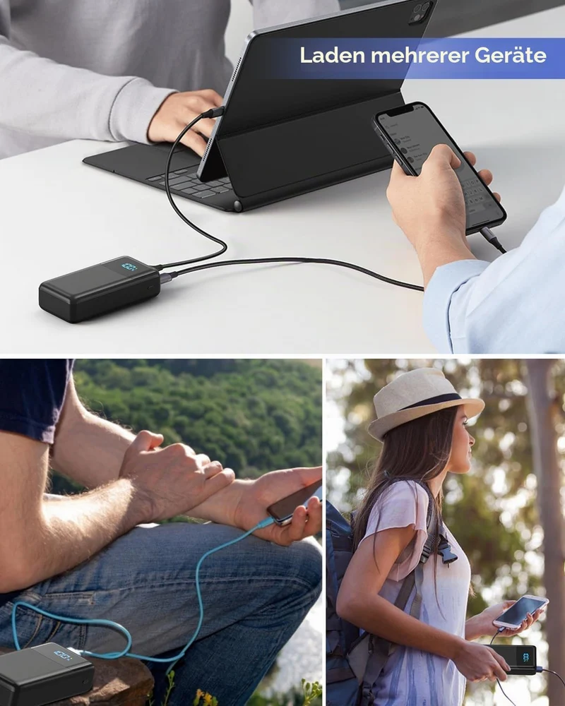 Powerbank 60000mAh Grosse Kapazität, Externer Akku 22,5W Schnellladung Power Bank USB C 4 Ausgängen