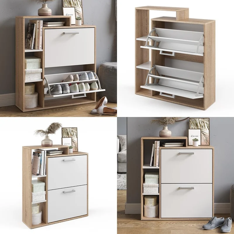 Vicco Schuhkipper Orlando, Weiss/Sonoma, 24.5 x 90 cm, mit zwei Klappregalen zur platzsparenden Schu