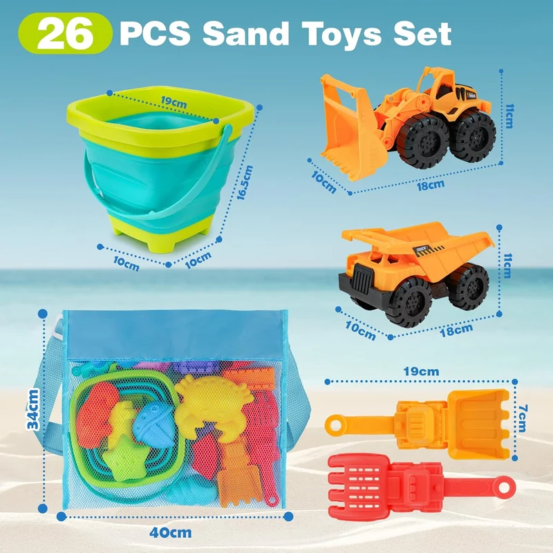 YIMORE Sandspielzeug Strandspielzeug Junge mit Faltbarer Eimer Kinder Bagger Sandkasten Spielzeug, 2