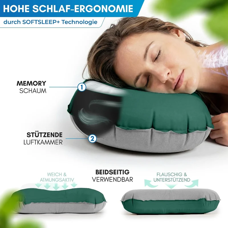NORDMUT® Campingkissen aufblasbar [SoftSleep+] Komfortables Kissen Ultraleicht mit kleinem Packmass