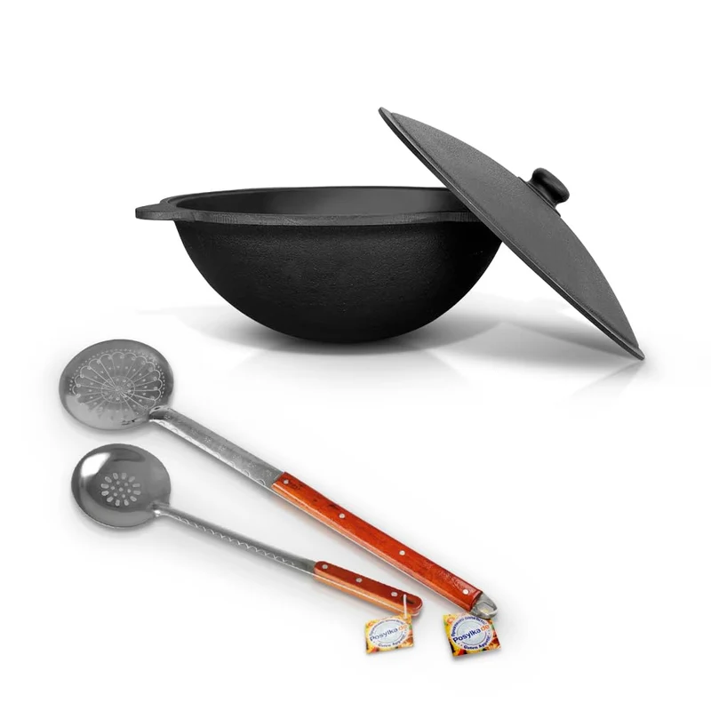 Gusseisen Kazan 16 L Uzbekisch mit Aluminiumdeckel Uzbekistan Kochtopf Schaumlöffel Schöpfkelle Plov