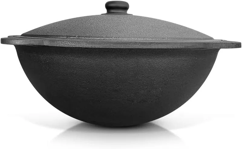 Gusseisen Kazan 16 L Uzbekisch mit Aluminiumdeckel Uzbekistan Kochtopf Schaumlöffel Schöpfkelle Plov