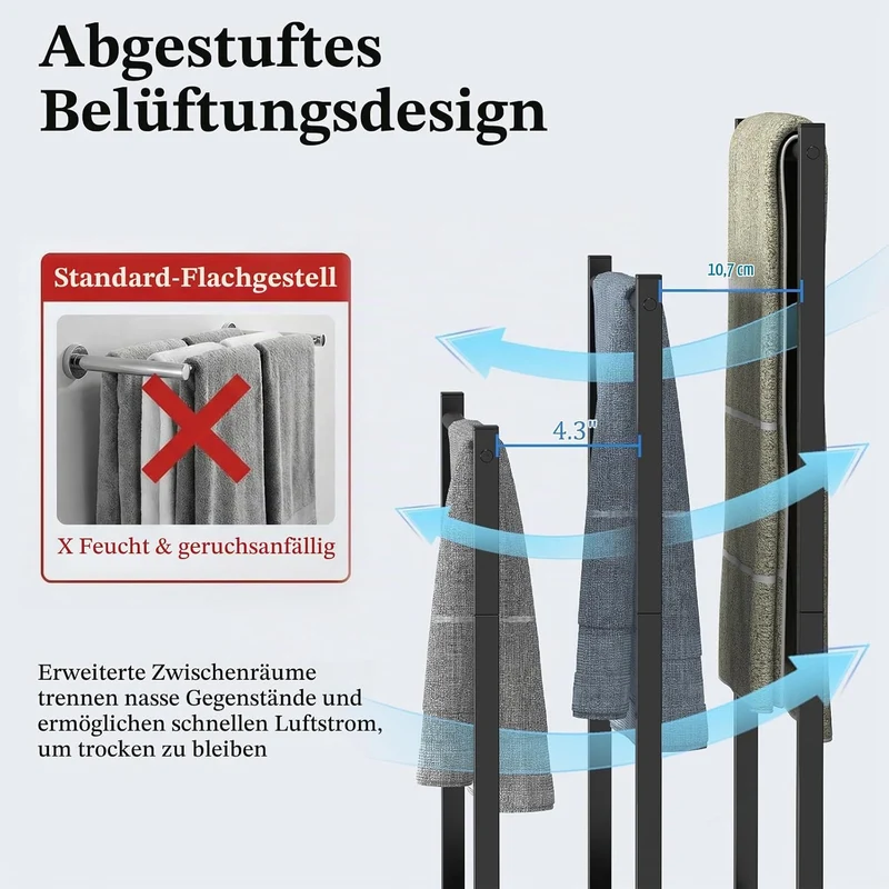 Handtuchständer, Handtuchleiter stehend mit 3 Handtuchstangen, Freistehender Handtuchständer mit Abl