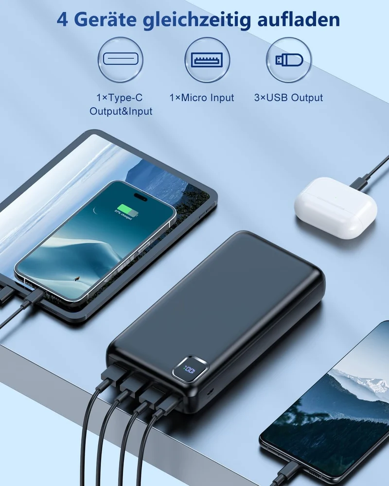 PowerBank 50000mAh grosse kapazität - schnelles Aufladen externer Akku, USB C 4 Ausgänge und 2 Eingä
