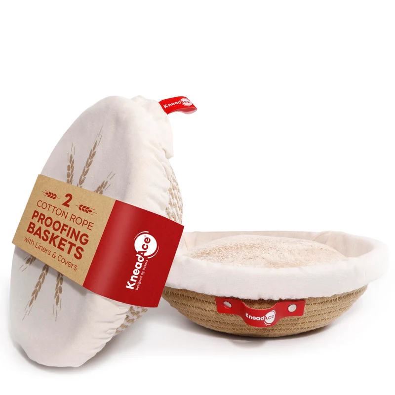 KneadAce Banneton Brotgärkorb-Set aus Baumwollseil, 2 x runder Brotkorb mit Einlagen und Abdeckungen