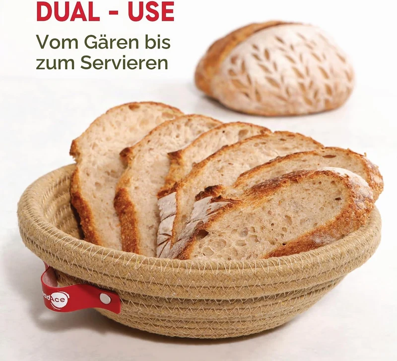 KneadAce Banneton Brotgärkorb-Set aus Baumwollseil, 2 x runder Brotkorb mit Einlagen und Abdeckungen