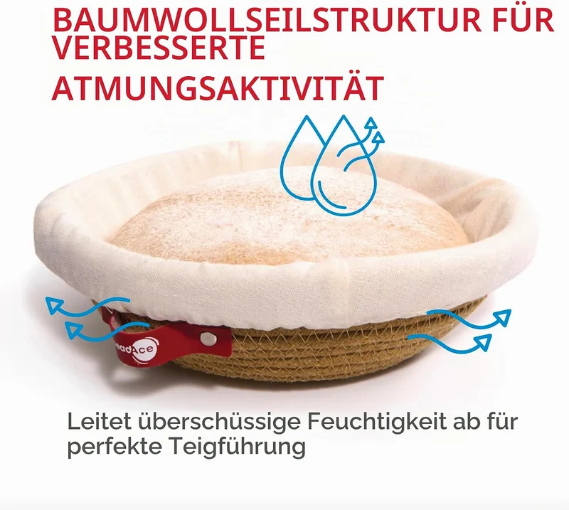 KneadAce Banneton Brotgärkorb-Set aus Baumwollseil, 2 x runder Brotkorb mit Einlagen und Abdeckungen