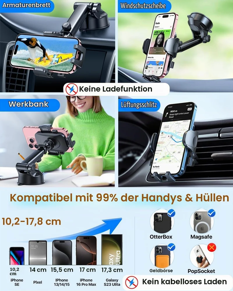 HTU【Militär-Klasse Handyhalterung Auto, 4 in 1 Handyhalter mit【Stärkst Saugnapf & Clip】 Tragfähigkei