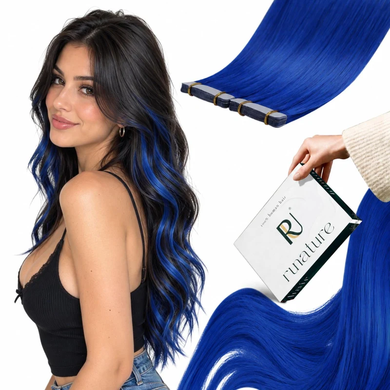 RUNATURE Tape Extensions Echthaar Blau 30cm Kurz Gerade Haarverlängerung 10 Stück Echthaar Extension