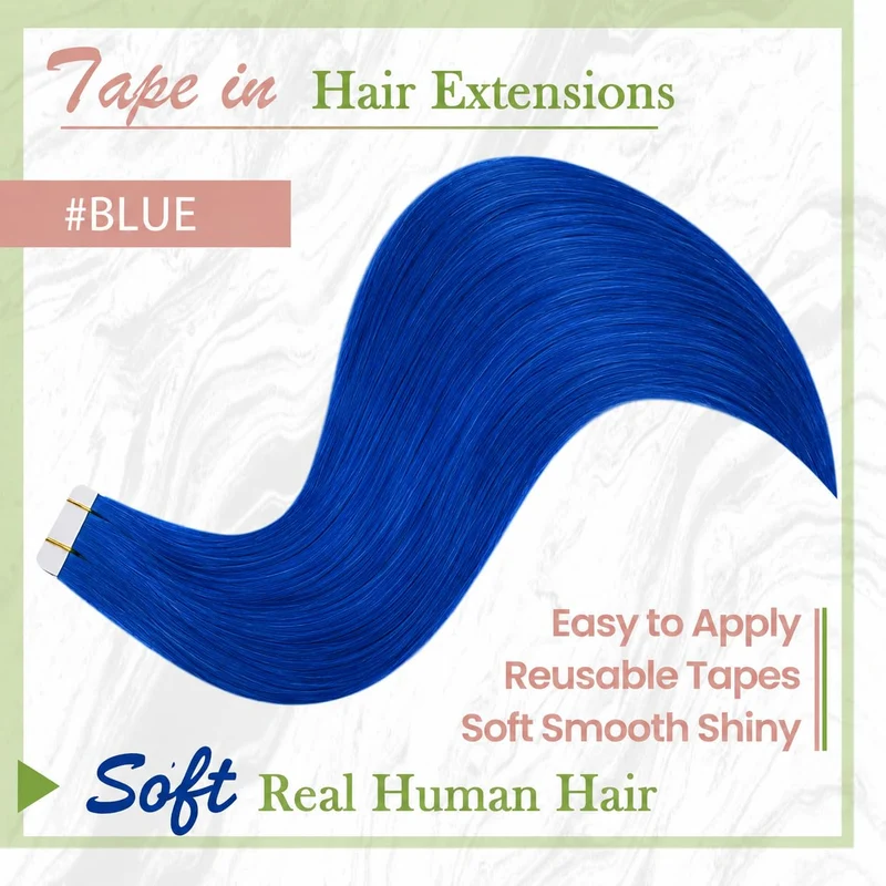 RUNATURE Tape Extensions Echthaar Blau 30cm Kurz Gerade Haarverlängerung 10 Stück Echthaar Extension