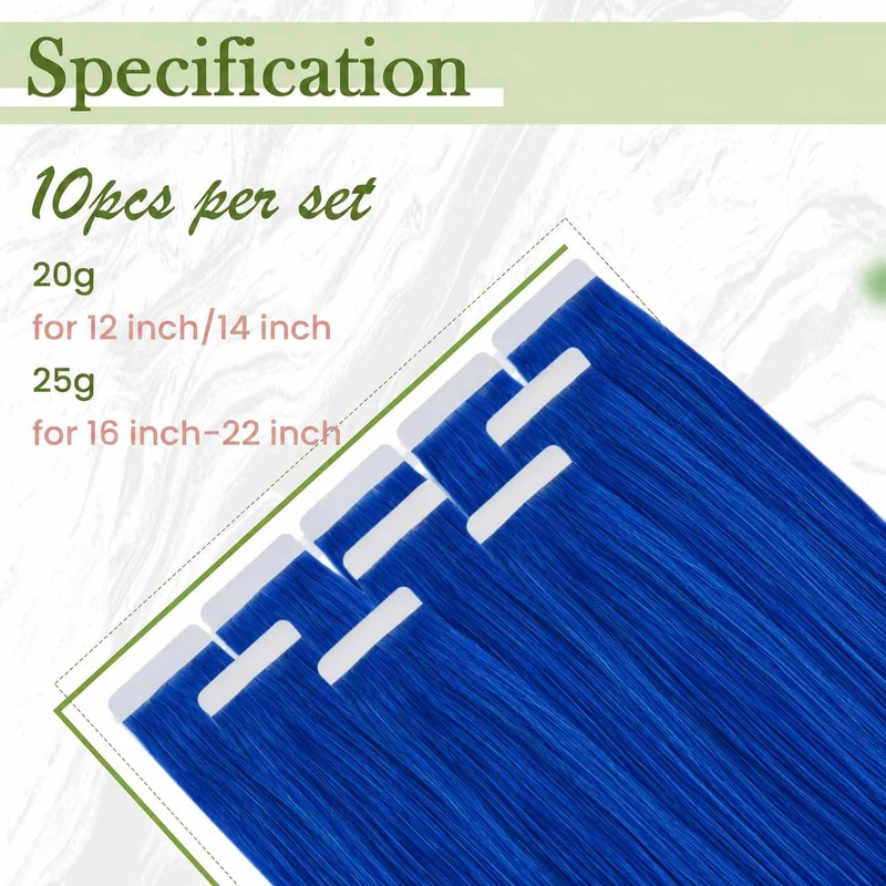RUNATURE Tape Extensions Echthaar Blau 30cm Kurz Gerade Haarverlängerung 10 Stück Echthaar Extension