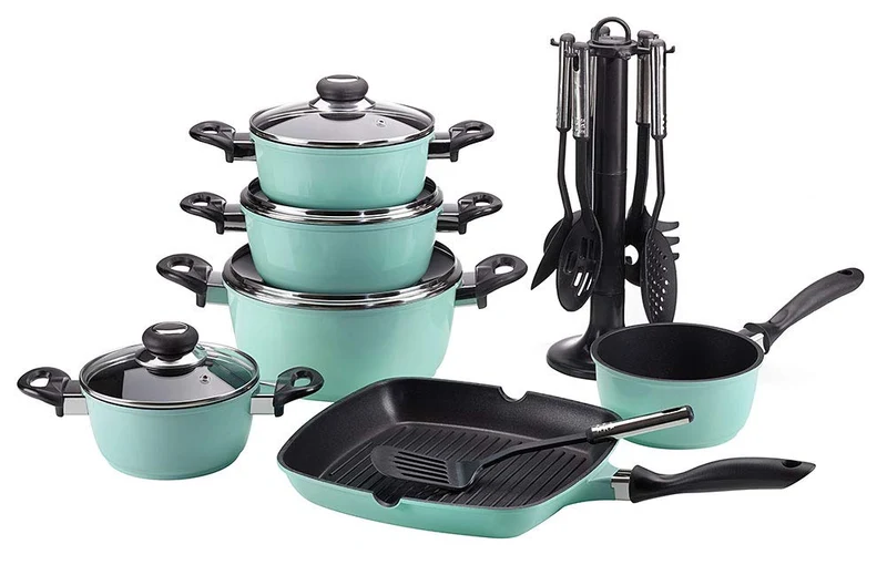 Krüger Aluguss Topfset Mint 17-teilig|Antihaft|Töpfe, Grillpfanne & | Antihaft-Versiegelung|Backofen