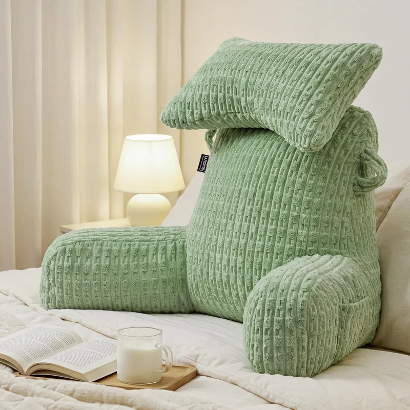 SLIGUY Lesekissen zum Sitzen im Bett Couch Erwachsene, Rückenkissen mit Taschen, Rückenkissen für Er