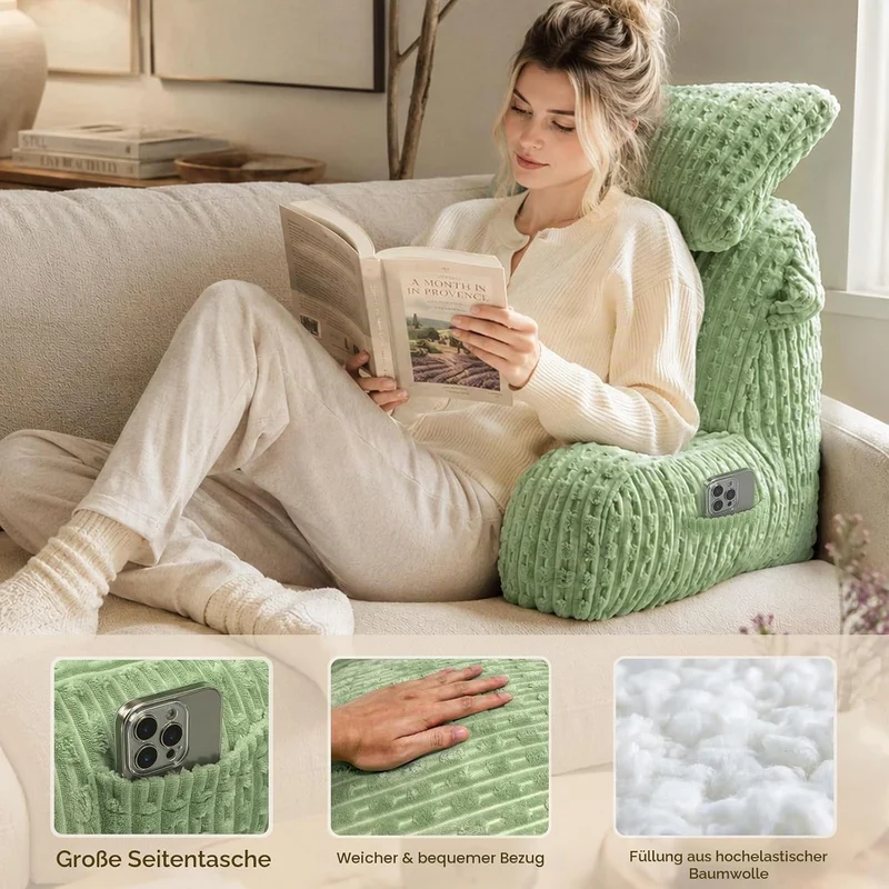 SLIGUY Lesekissen zum Sitzen im Bett Couch Erwachsene, Rückenkissen mit Taschen, Rückenkissen für Er