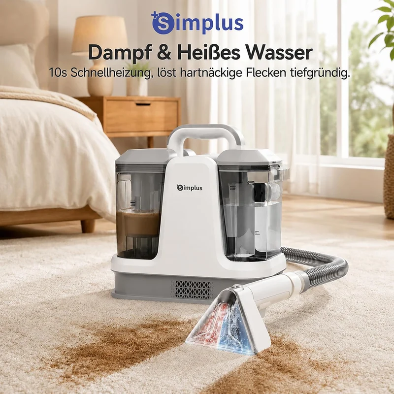SIMPLUS Polsterreiniger Gerät, Waschsauger Teppich- & Polsterreiniger mit 65°C Heisswasser/100°C Dam