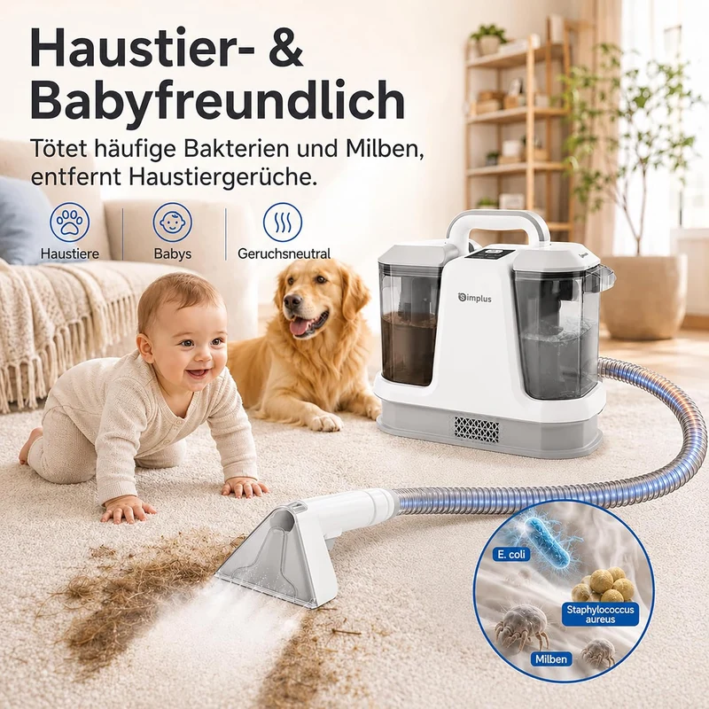 SIMPLUS Polsterreiniger Gerät, Waschsauger Teppich- & Polsterreiniger mit 65°C Heisswasser/100°C Dam