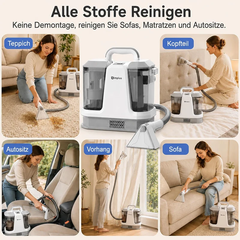 SIMPLUS Polsterreiniger Gerät, Waschsauger Teppich- & Polsterreiniger mit 65°C Heisswasser/100°C Dam