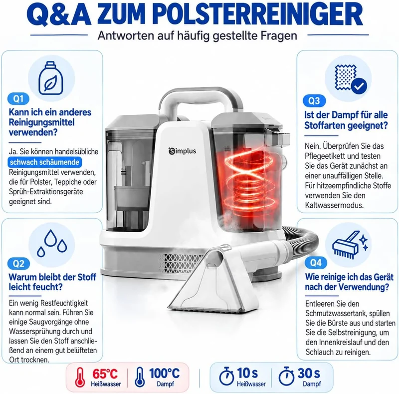 SIMPLUS Polsterreiniger Gerät, Waschsauger Teppich- & Polsterreiniger mit 65°C Heisswasser/100°C Dam