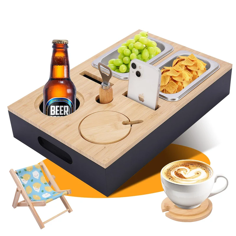 Couchbar Snackbox,Sofa Tablett,Mit Snackschalen Aus Edelstahl,mit Abnehmbarer Deckel,Couch Tablett,S