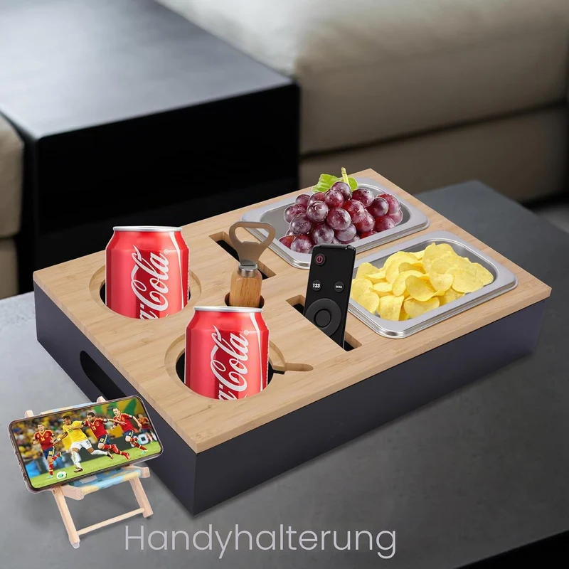 Couchbar Snackbox,Sofa Tablett,Mit Snackschalen Aus Edelstahl,mit Abnehmbarer Deckel,Couch Tablett,S