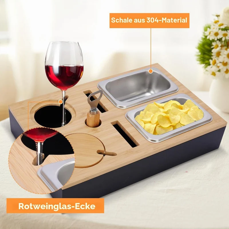 Couchbar Snackbox,Sofa Tablett,Mit Snackschalen Aus Edelstahl,mit Abnehmbarer Deckel,Couch Tablett,S