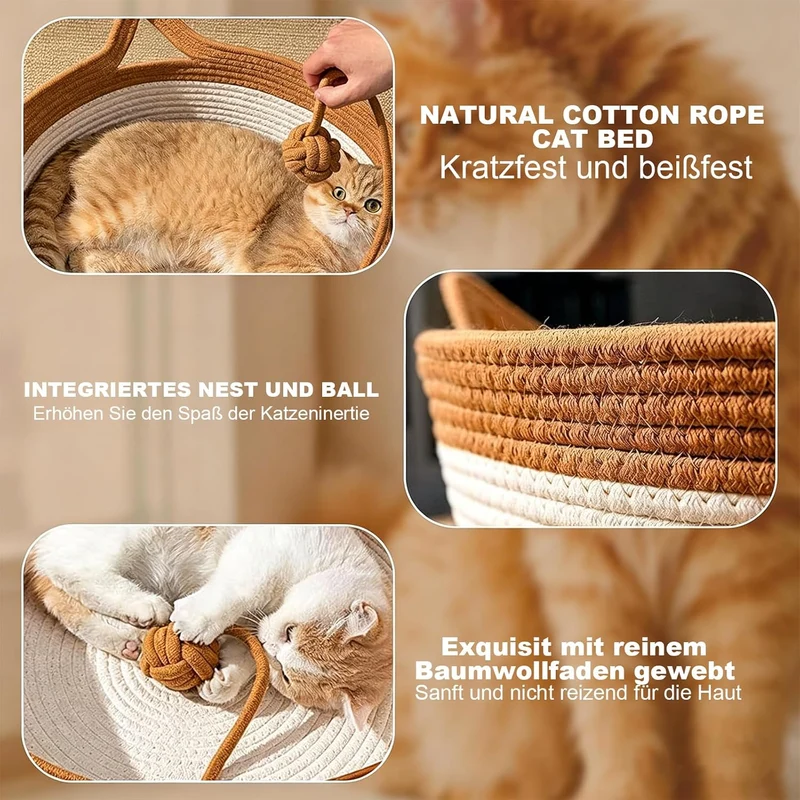 Katzenbett mit Seilball, 46x46x16 cm Rundes Katzenkorb aus Baumwollseilen, Atmungsaktiv Waschbar Dri