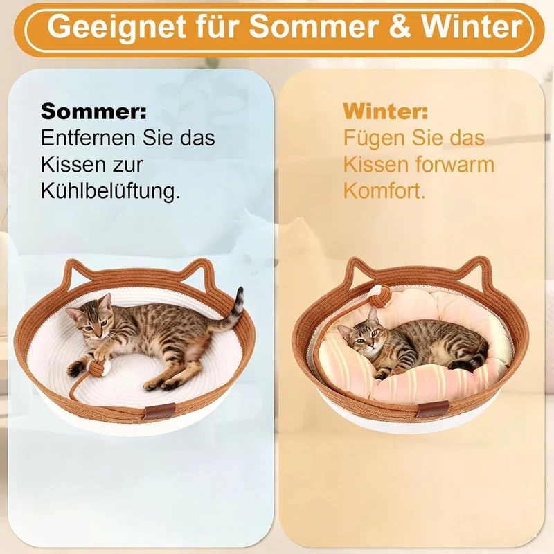 Katzenbett mit Seilball, 46x46x16 cm Rundes Katzenkorb aus Baumwollseilen, Atmungsaktiv Waschbar Dri