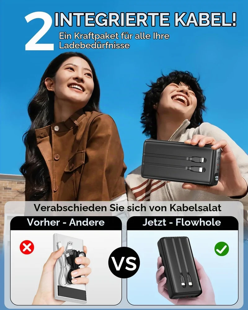 Powerbank 51000mAh, USB-C 22,5W Schnellladegerät Tragbares Ladegerät | Externer Akku mit eingebauten