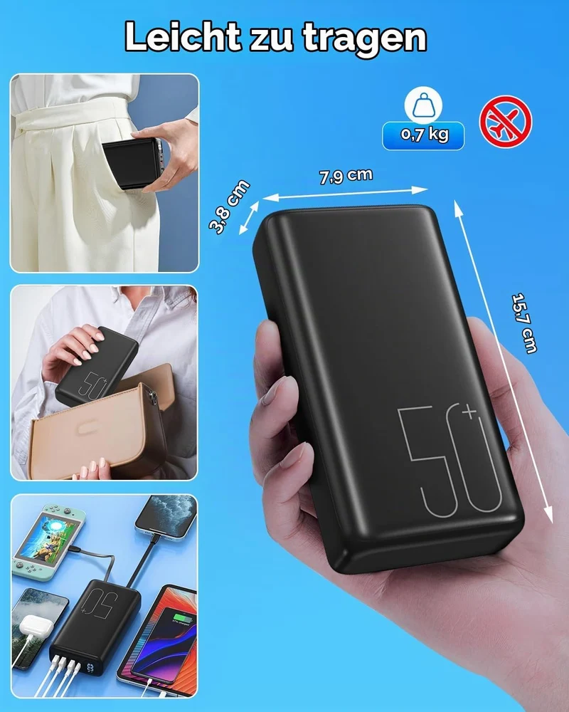 Powerbank 51000mAh, USB-C 22,5W Schnellladegerät Tragbares Ladegerät | Externer Akku mit eingebauten