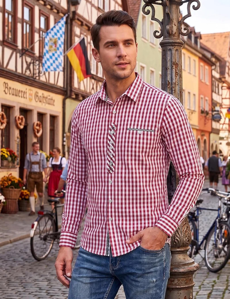 COOFANDY Hemd Herren Langarm Trachtenhemd Kariertes Oktoberfest Hemd Freizeithemd Karohemden Herrenh