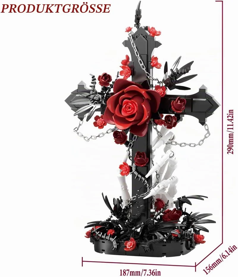 Gothic Kreuz Rote Rose Baukasten, 720PCS Skeletthand Sammelbares Blumenstein-Modell, Dunkle Botanisc