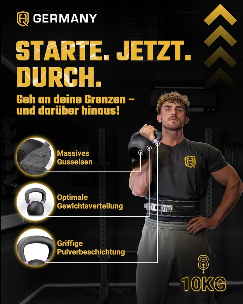 HQ Germany® Kettlebell Powdercoat [Pulverbeschichtung] - Kugelhantel 2-32kg | Vollguss ohne Schweiss