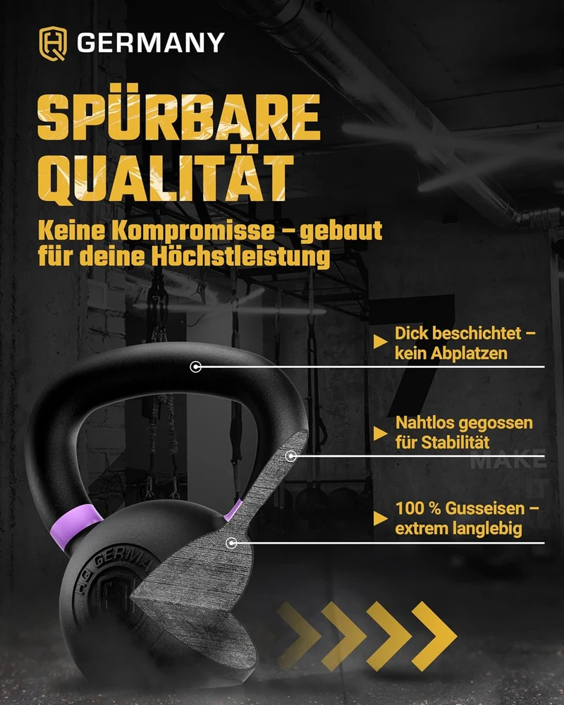 HQ Germany® Kettlebell Powdercoat [Pulverbeschichtung] - Kugelhantel 2-32kg | Vollguss ohne Schweiss