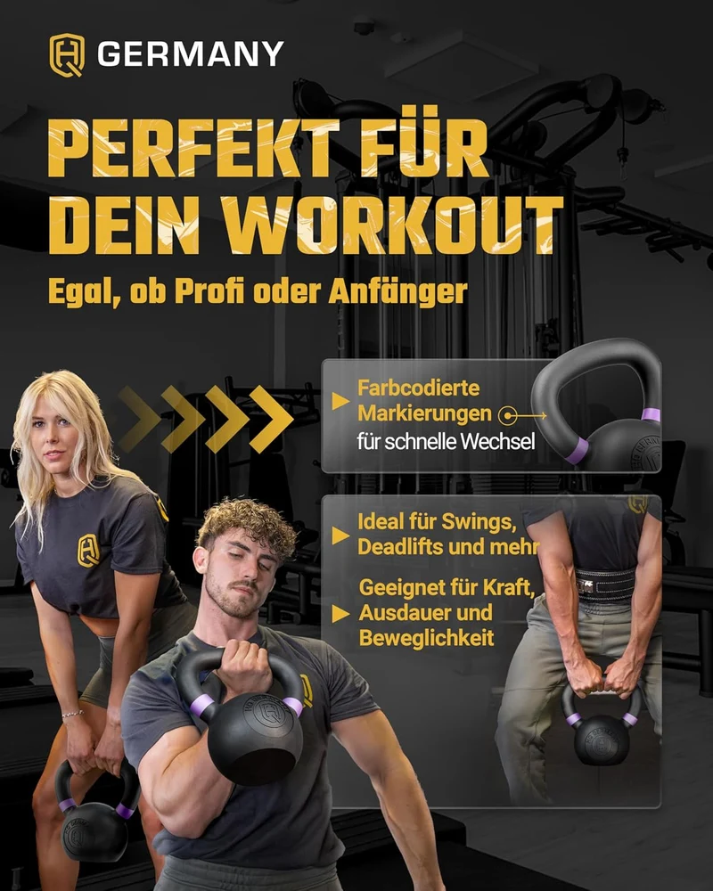 HQ Germany® Kettlebell Powdercoat [Pulverbeschichtung] - Kugelhantel 2-32kg | Vollguss ohne Schweiss