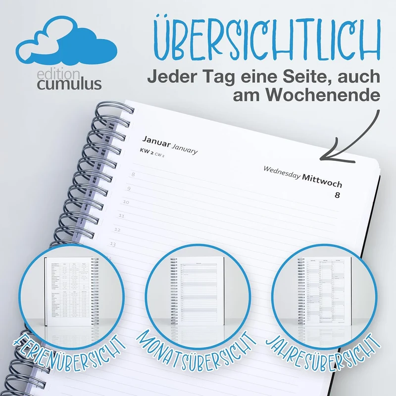 edition cumulus Kalender 2026/2027 DIN A4 – Dicker Tageskalender - BLACK - August 2026–August 2027,