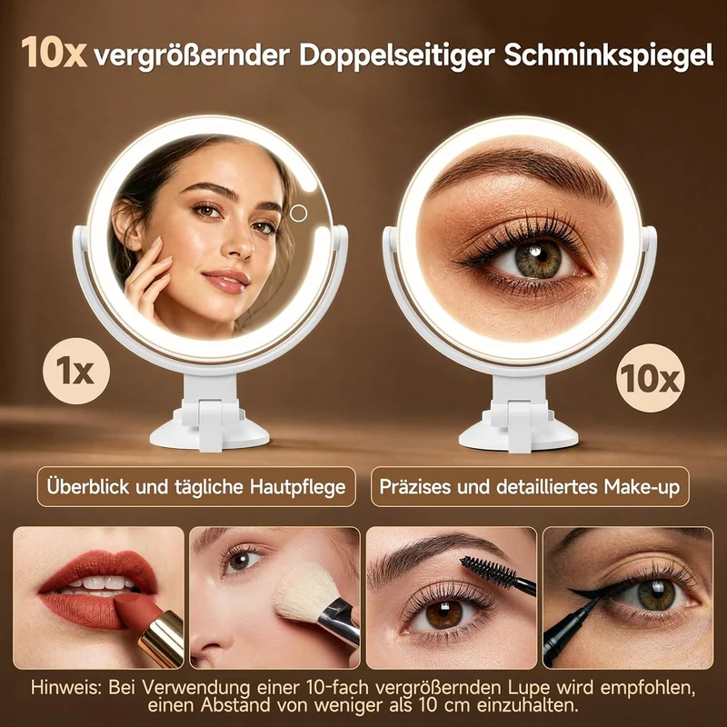 Kosmetikspiegel mit Beleuchtung, Doppelseitiger 1X / 10X Vergrösserungsspiegel mit Saugnapf, Wandver